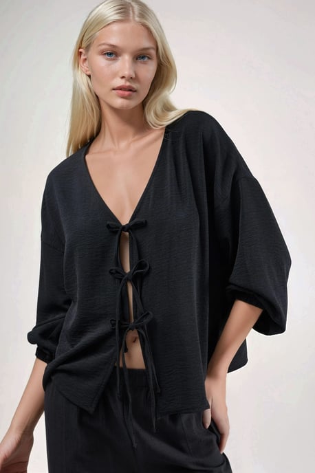 Oversized V-Neck Tie Closure Blouse - Image 2