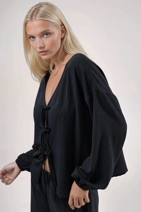 Oversized V-Neck Tie Closure Blouse - Image 4