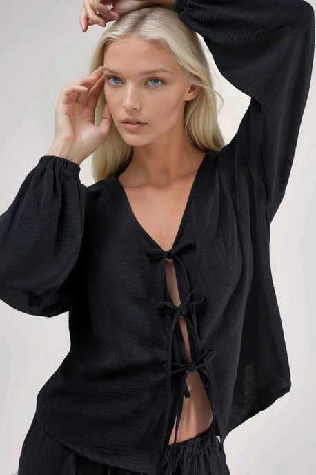 Oversized V-Neck Tie Closure Blouse - Image 5
