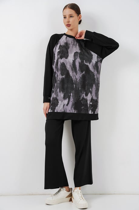 Oversized Abstract Print Crew Neck Tuniek & Broek Set - Image 1