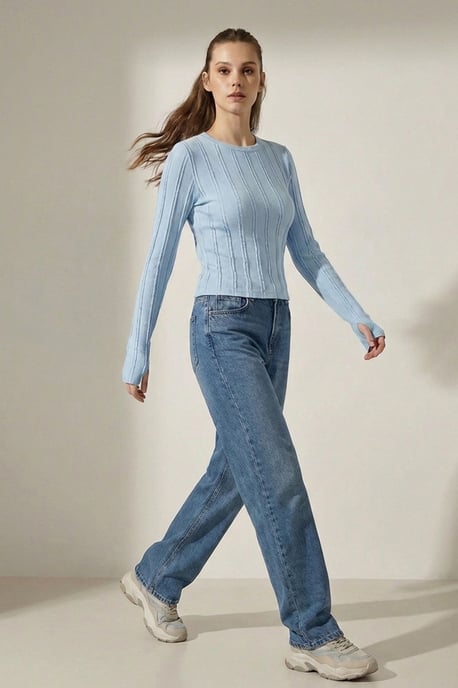 Ribbed Crew Neck Long Sleeve Blouse - Image 2
