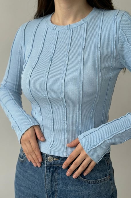 Ribbed Crew Neck Long Sleeve Blouse - Image 3