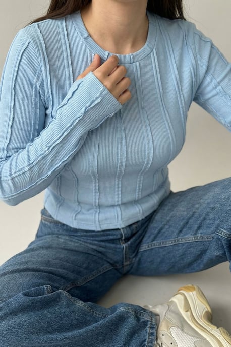 Ribbed Crew Neck Long Sleeve Blouse - Image 4