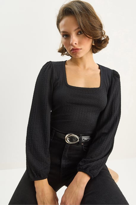 Slim Fit Fyrkantig Krage Texturerad Blus - Image 1