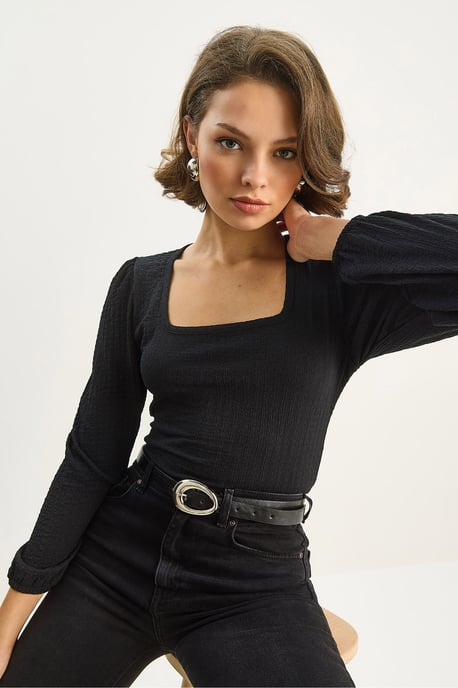 Slim Fit Fyrkantig Krage Texturerad Blus - Image 3