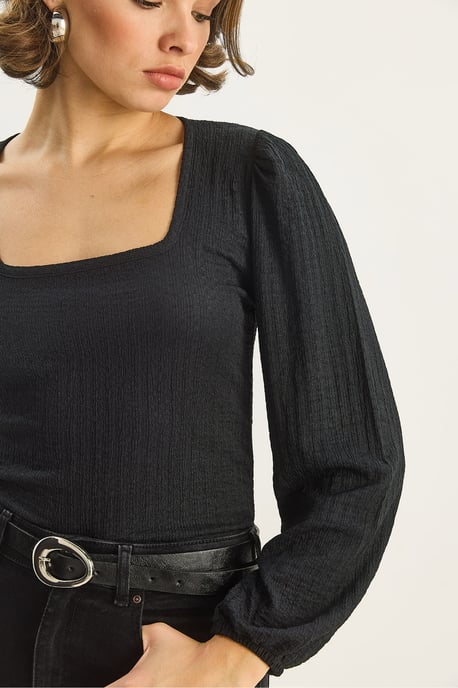 Slim Fit Fyrkantig Krage Texturerad Blus - Image 6