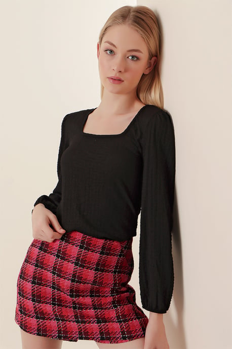 Getextureerde Vierkante Kraag Lange Mouwen Blouse - Image 2