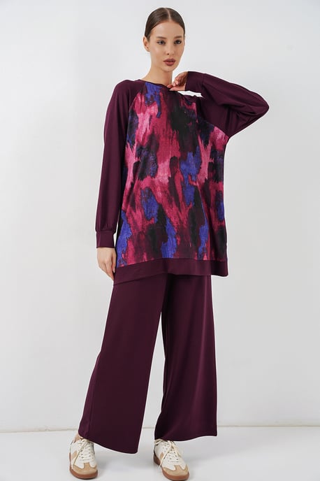 Oversized abstracte print crewneck tuniek en broek set - Image 1