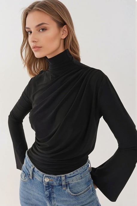 Draped Halflange Turtleneck Lange Mouw Slim Fit Top - Image 1