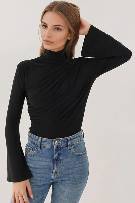 Draped Halflange Turtleneck Lange Mouw Slim Fit Top - Image 3