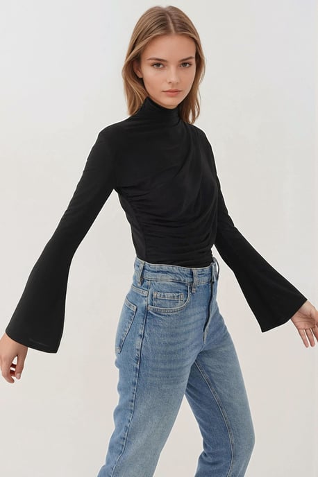 Draped Halflange Turtleneck Lange Mouw Slim Fit Top - Image 5