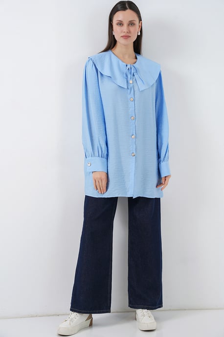 Long Loose Fit Blouse with Baby Collar and Bow Detail - Image 2