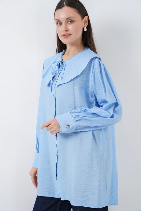 Long Loose Fit Blouse with Baby Collar and Bow Detail - Image 3