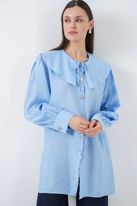 Long Loose Fit Blouse with Baby Collar and Bow Detail - Image 4