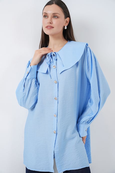 Long Loose Fit Blouse with Baby Collar and Bow Detail - Image 5