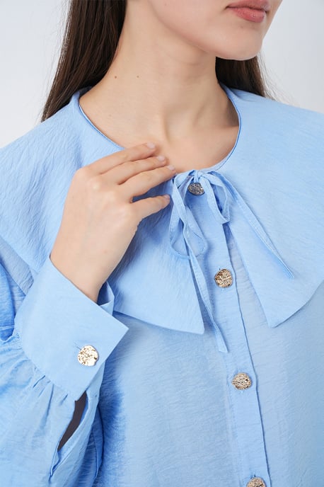 Long Loose Fit Blouse with Baby Collar and Bow Detail - Image 6