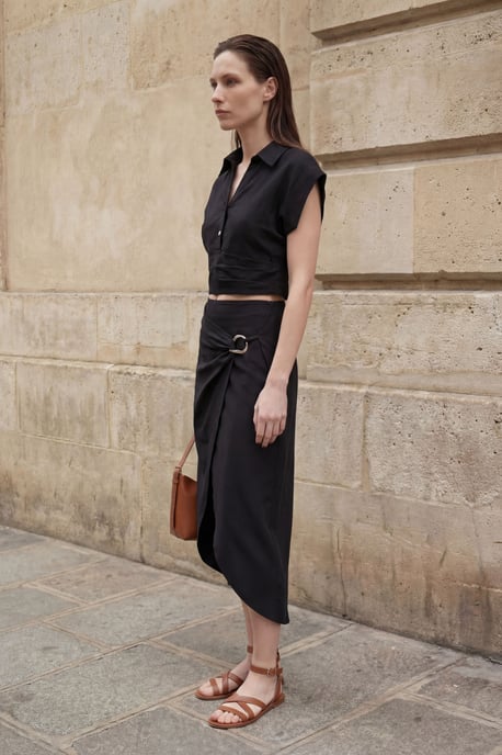 Linnenmix Crop Blouse & Midi Rok met Accessoires in Twee-Delen Set - Image 4