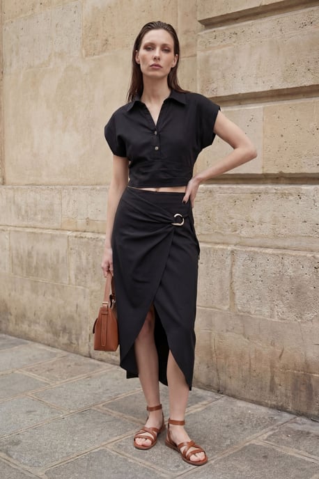 Linnenmix Crop Blouse & Midi Rok met Accessoires in Twee-Delen Set - Image 5