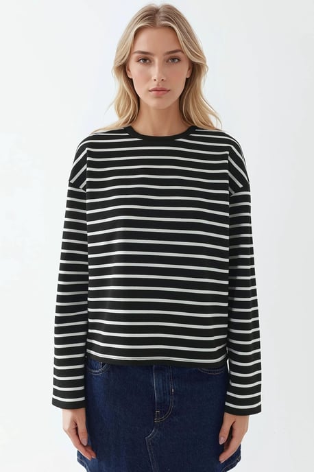 Randig Crew Neck Långärmad Topp i Bomull - Image 6