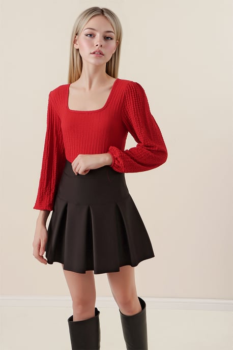 Gestructureerde Vierkante Kraag Lange Mouwen Blouse - Image 2