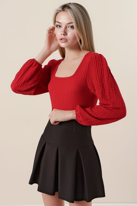 Gestructureerde Vierkante Kraag Lange Mouwen Blouse - Image 3