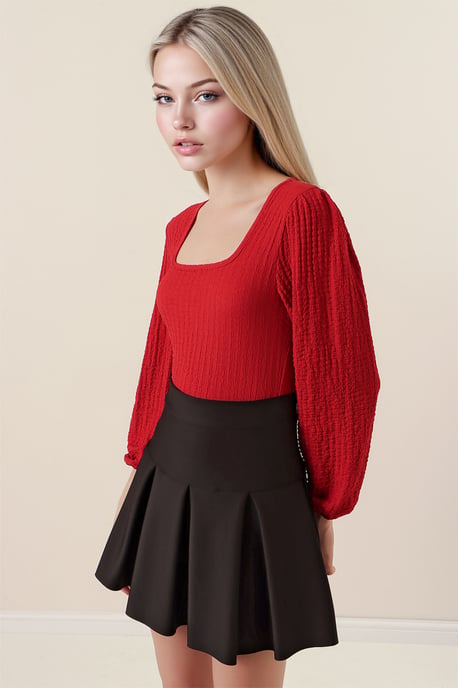 Gestructureerde Vierkante Kraag Lange Mouwen Blouse - Image 4