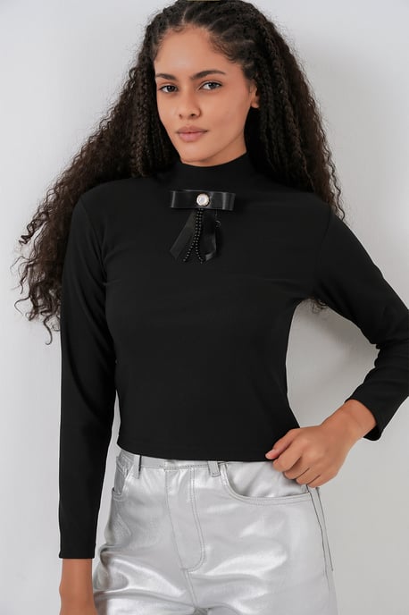 Aangesloten Lange Mouw Halve Colblouse met Lintdetail - Image 1