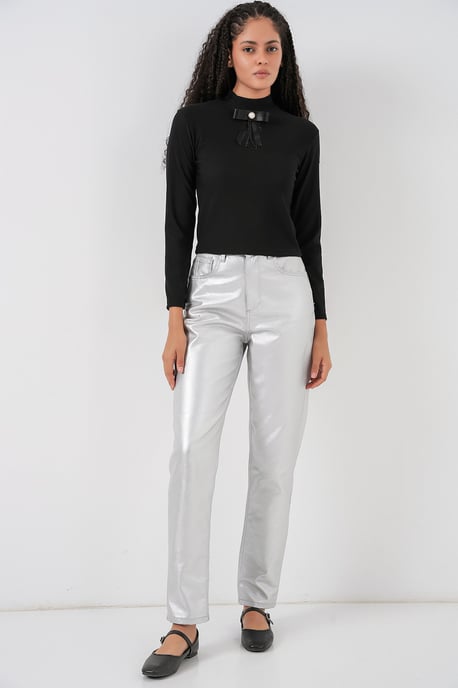 Aangesloten Lange Mouw Halve Colblouse met Lintdetail - Image 2