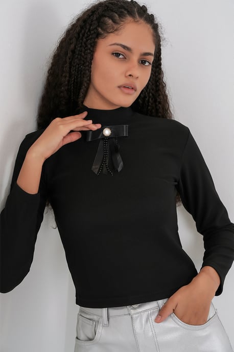 Aangesloten Lange Mouw Halve Colblouse met Lintdetail - Image 3