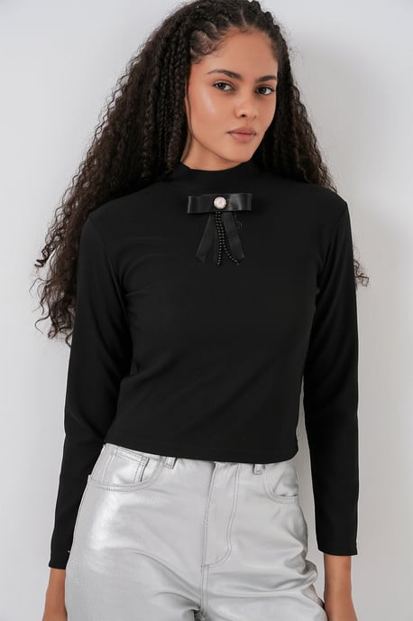 Aangesloten Lange Mouw Halve Colblouse met Lintdetail - Image 4