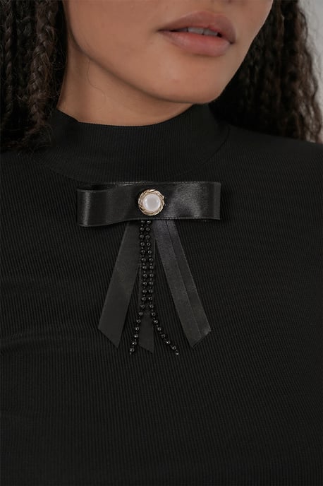 Aangesloten Lange Mouw Halve Colblouse met Lintdetail - Image 5