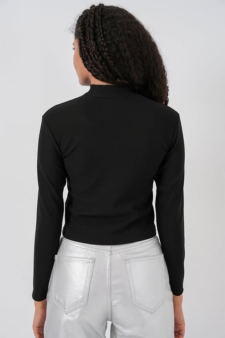 Aangesloten Lange Mouw Halve Colblouse met Lintdetail - Image 6