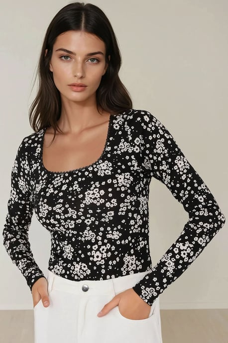Tryckt Slim Fit Crew Neck Topp - Image 2
