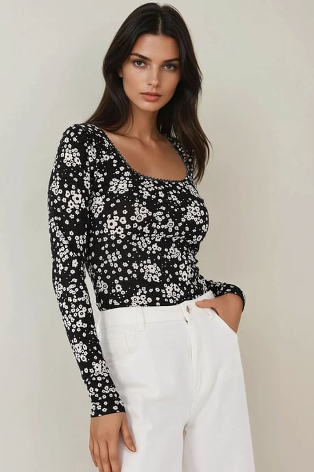 Tryckt Slim Fit Crew Neck Topp - Image 3