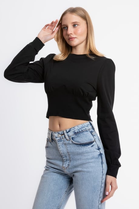 Rundhalsad detaljerad långärmad kort topp - Image 3