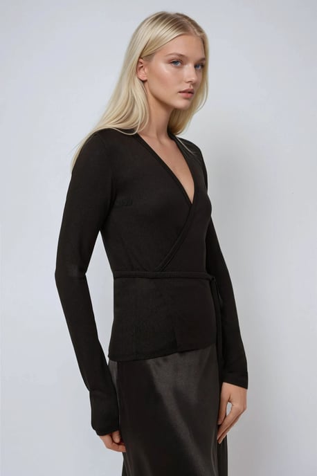 Zachte Touch Gebreide V-hals Lange Mouw Viscose Blouse - Image 2