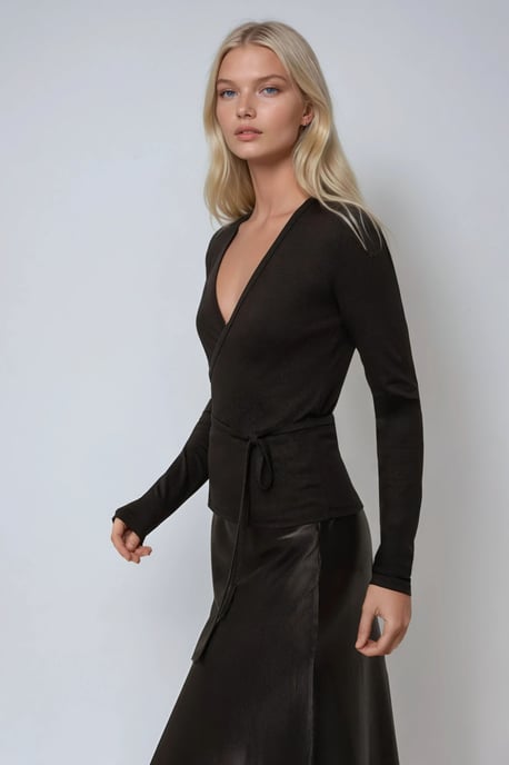 Zachte Touch Gebreide V-hals Lange Mouw Viscose Blouse - Image 3