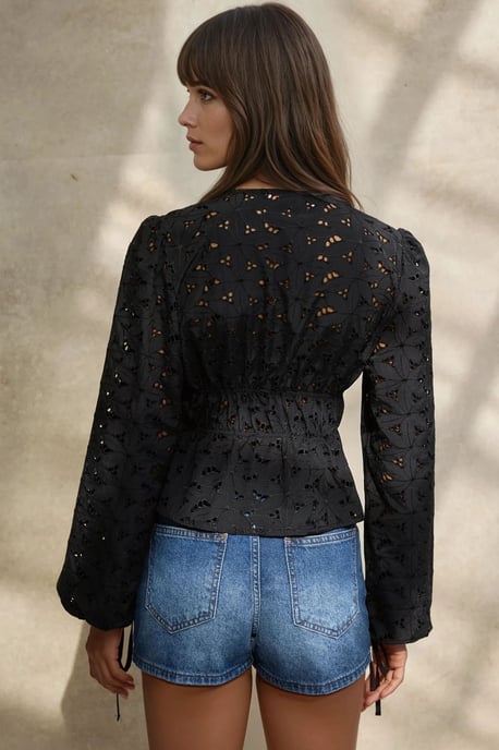 Elegant Texturerad V-ringad Blus med Ballongsärmar - Image 4