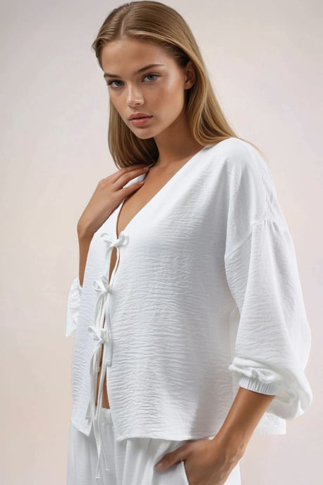 Oversized V-Neck Tie Closure Blouse - Image 2