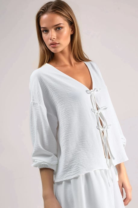 Oversized V-Neck Tie Closure Blouse - Image 4