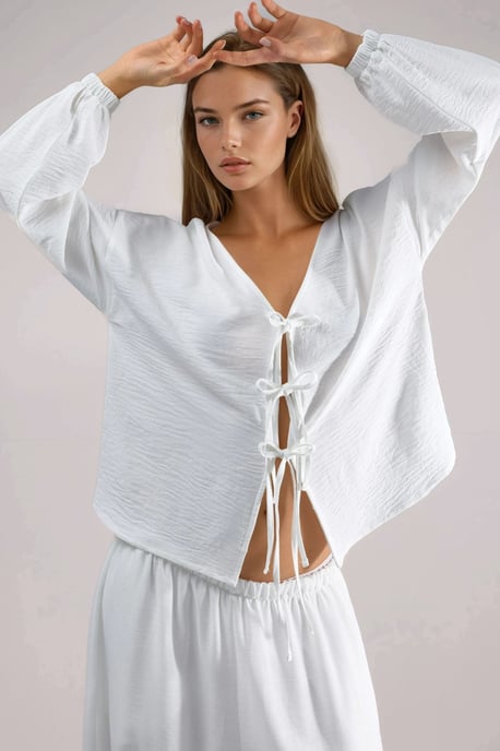 Oversized V-Neck Tie Closure Blouse - Image 5