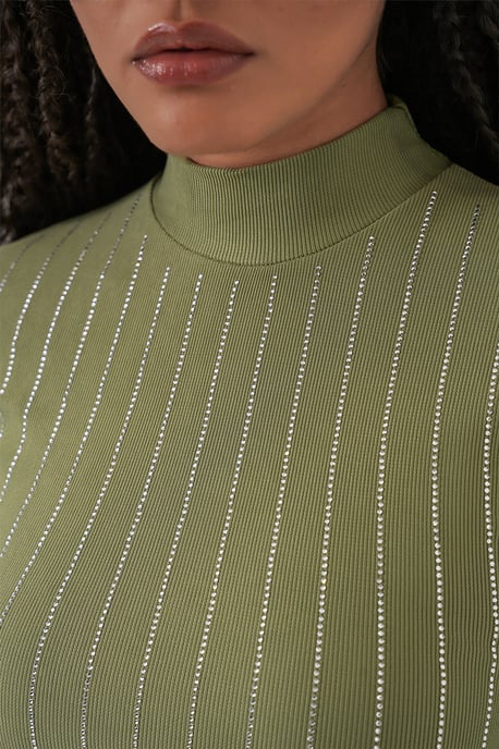 Gestreepte Halve Col Lange Mouwen Top met Steen Detail - Image 6