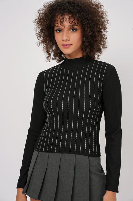 Gestreepte Halve Col Lange Mouw Top met Steenvormige Detail - Image 2