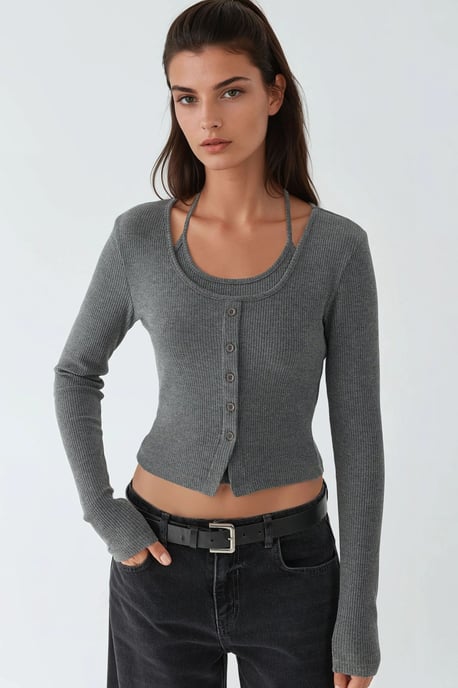 Texturerad crewneck långärmad topp i 2 delar - Image 1