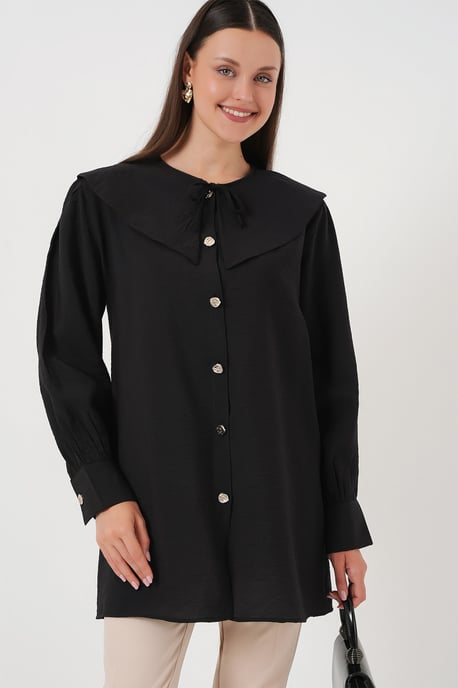 Lange Losse Blouse met Babykraag en Strikdetail - Image 1