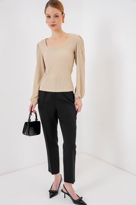 Textuur Vierkante Kraag Lange Mouw Blouse - Image 2