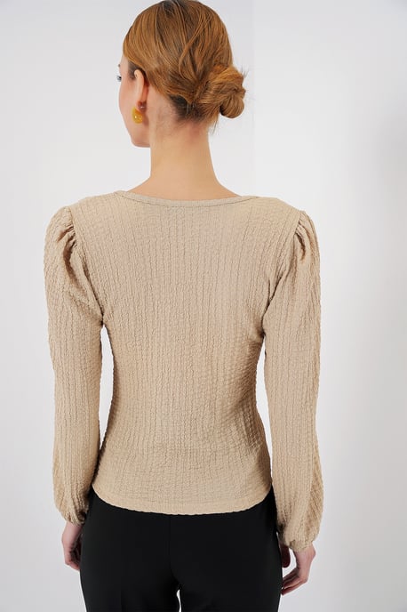 Textuur Vierkante Kraag Lange Mouw Blouse - Image 4