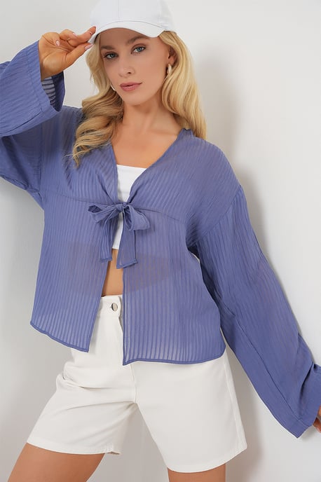 V-Neck Blouse with Bow Tie - Image 4