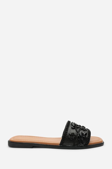 Karter Embellished Canvas Black Slide On Sandals - Image 3