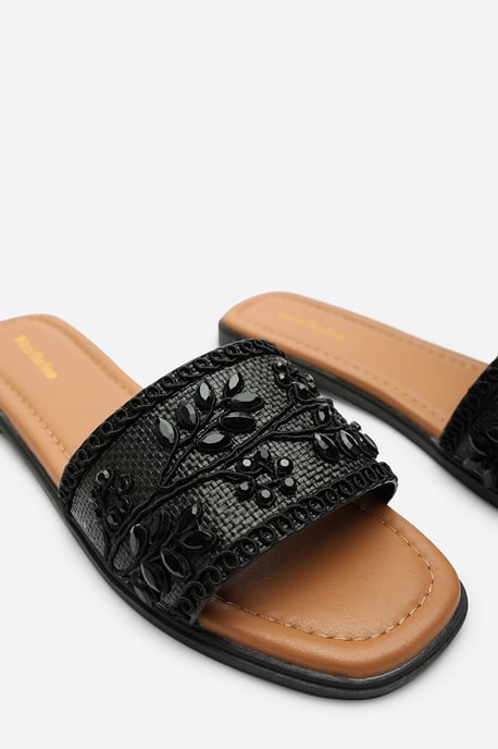 Karter Embellished Canvas Black Slide On Sandals - Image 6